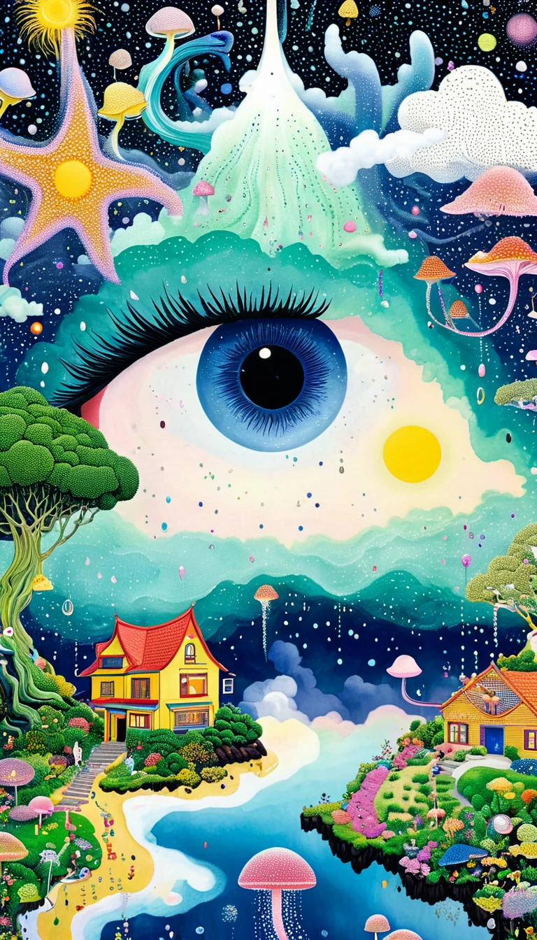 Strong visual fusion of multiple elements，Broto，来自Star的艺术家，house：1.37、Eye、Star、cloud、Spore powder、Ocean、rain、Tentacles，Describing the inner world of autistic people，密集Pointillism method。Smooth lines。interesting，Strange illustration。Pointillism method。Strong contrast。Award-winning works。