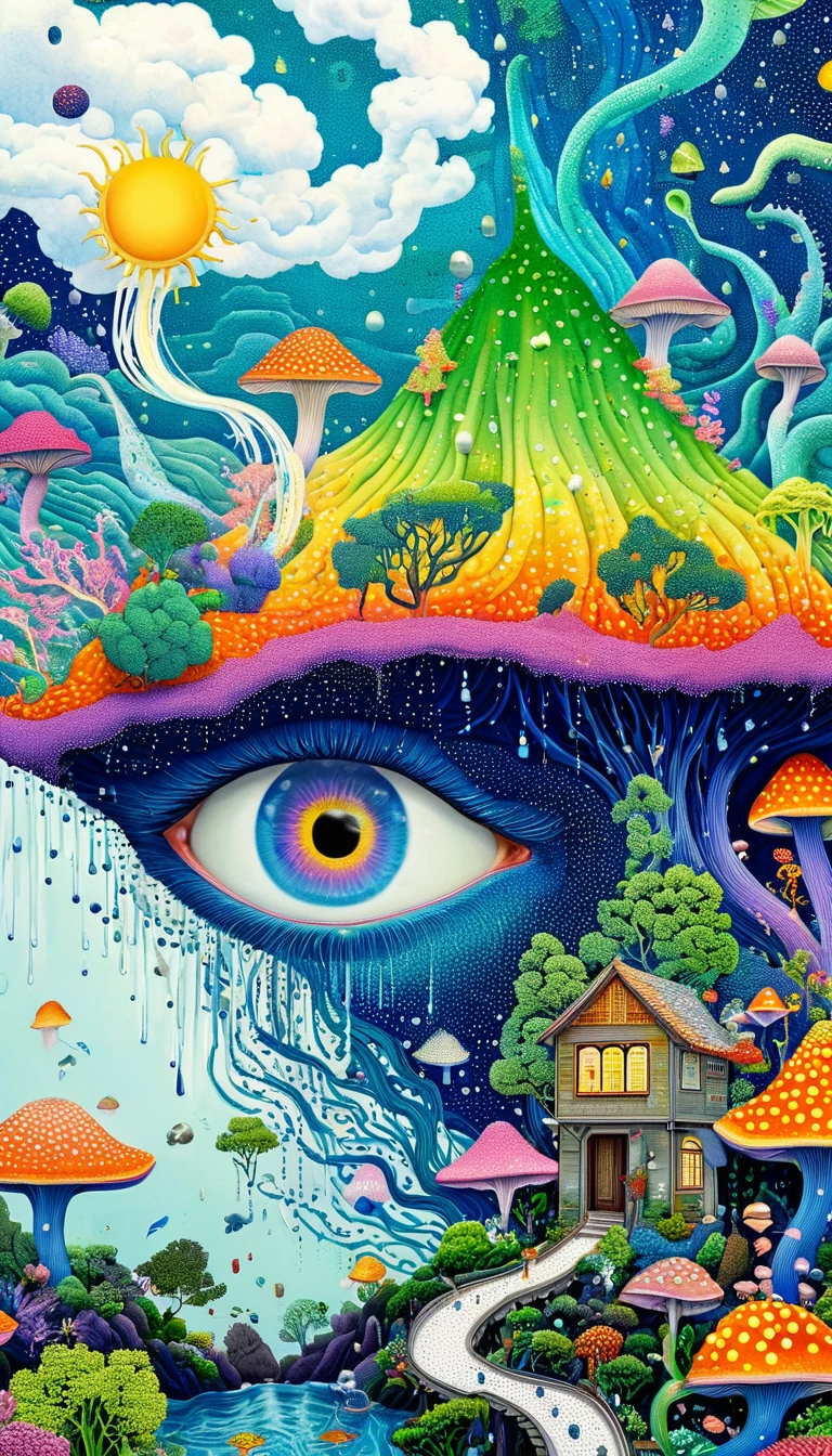 Strong visual fusion of multiple elements,Broto,来自Star的艺术家,house:1.37、Eye、Star、cloud、Spore powder、Ocean、rain、Tentacles,Describing the inner world of autistic people,密集Pointillism method。Smooth lines。interesting,Strange illustration。Pointillism method。Strong contrast。Award-winning works。