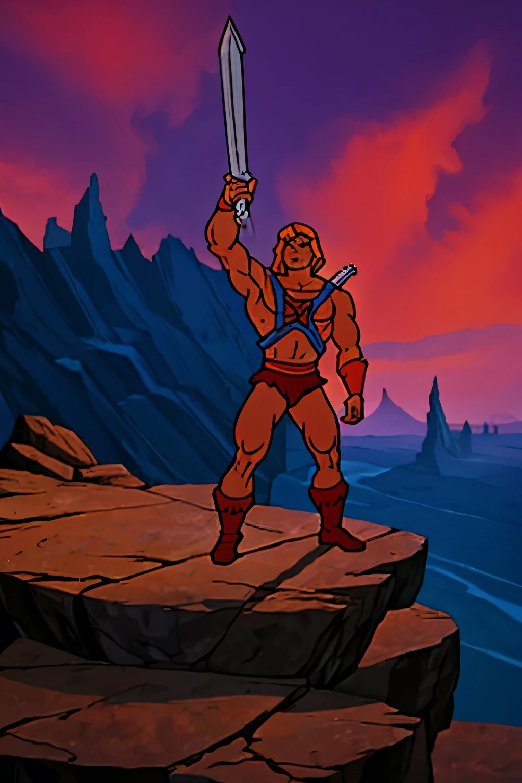 He-man standing on a cliff holding his sword up with his right hand, with Battle Cat beside him