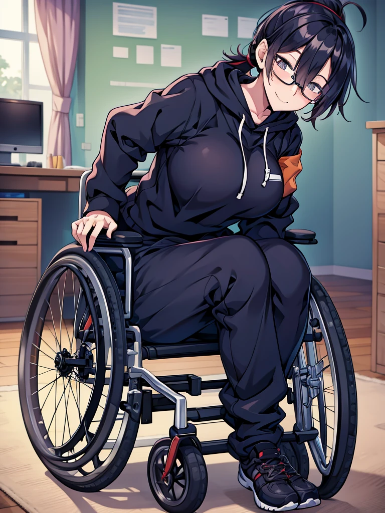 woman, hair over one eye, golden eyes, Tomboy, sweatpants, hoodie, looking at viewer, black short hair with a ponytail, bedroom, round glasses, bags under eyes, tired, solo, wheelchair, full body, smiling tiredly