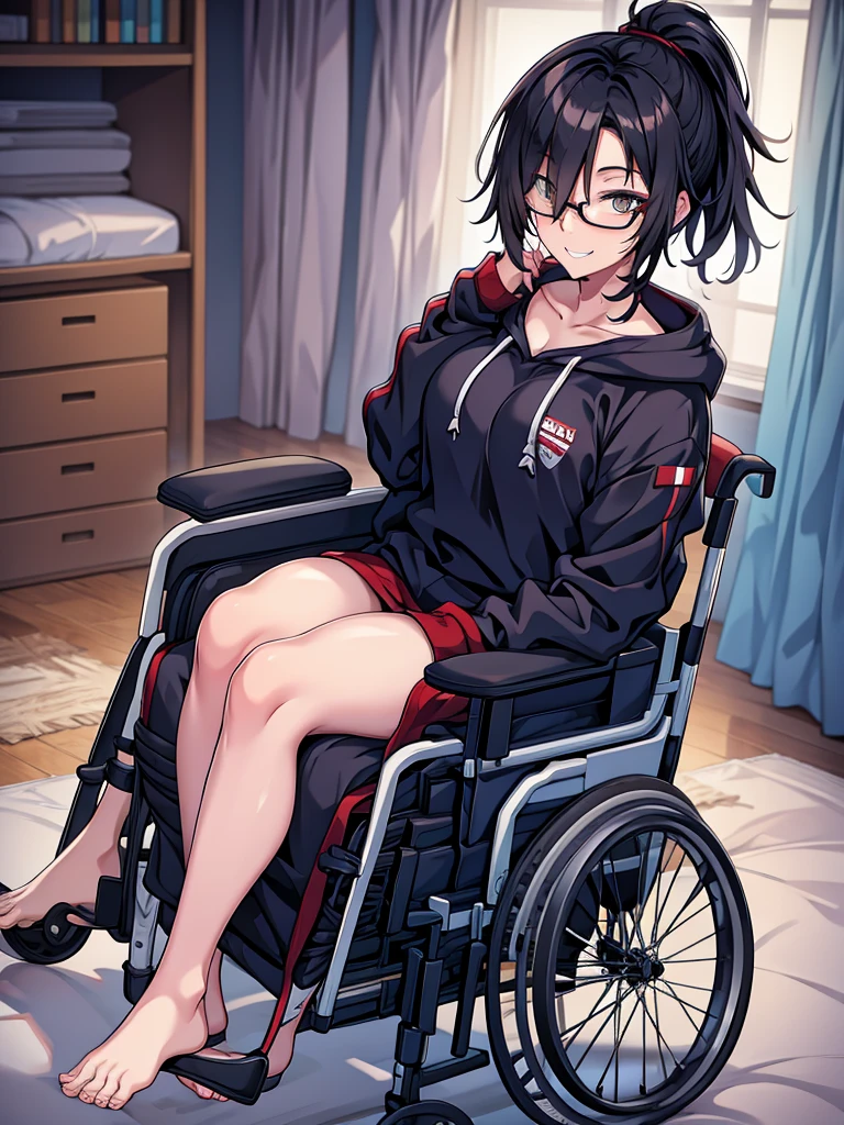 woman, hair over one eye, golden eyes, Tomboy, sweatpants, hoodie, looking at viewer, black short hair with a ponytail, bedroom, round glasses, bags under eyes, tired, solo, wheelchair, full body, smiling tiredly