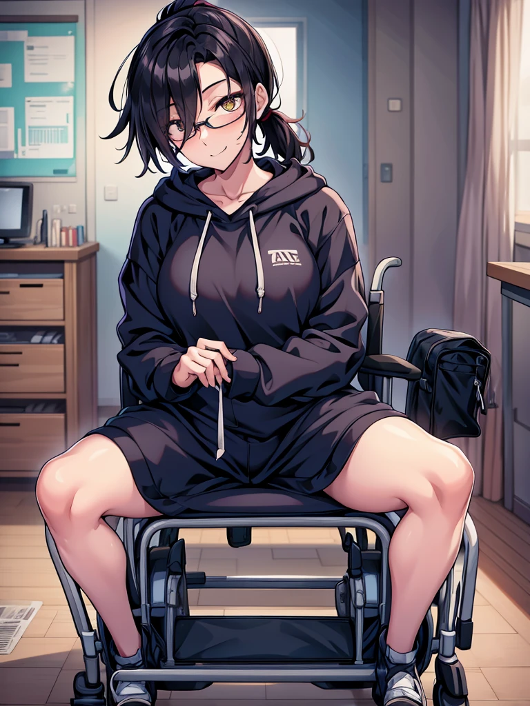 woman, hair over one eye, golden eyes, Tomboy, sweatpants, hoodie, looking at viewer, black short hair with a ponytail, bedroom, round glasses, bags under eyes, tired, solo, wheelchair, full body, smiling tiredly