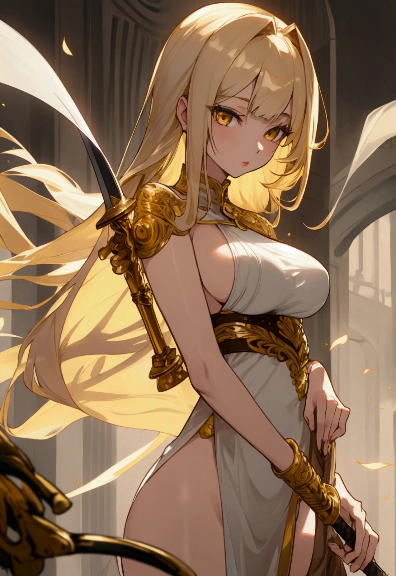 woman, 20's, beautiful, hero, blond hair, golden eyes, bangs, long hair, chlotes, had silver sword, medium breast, sexy, overly voloptuos body