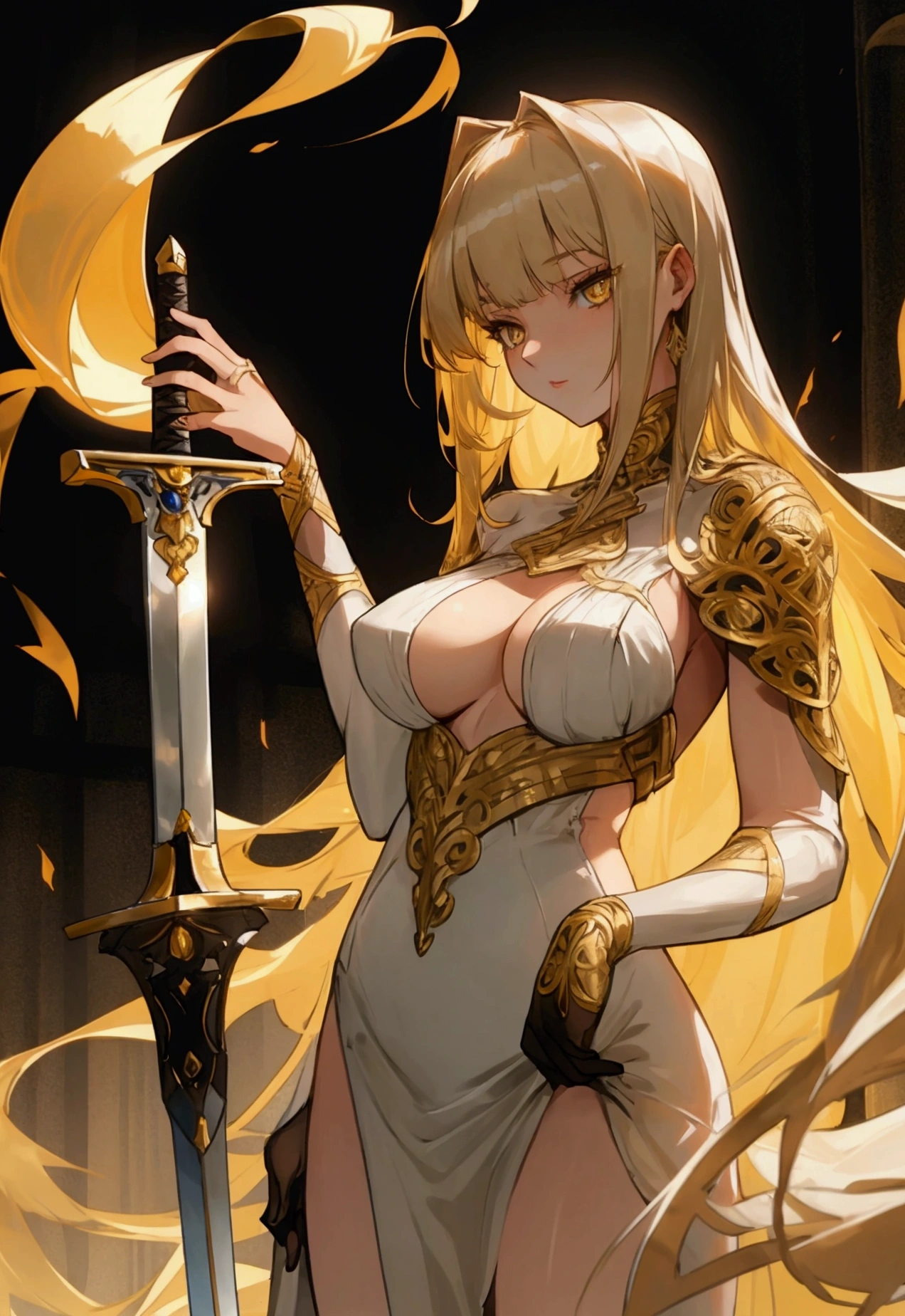 woman, 20's, beautiful, hero, blond hair, golden eyes, bangs, long hair, chlotes, had silver sword, medium breast, sexy, overly voloptuos body