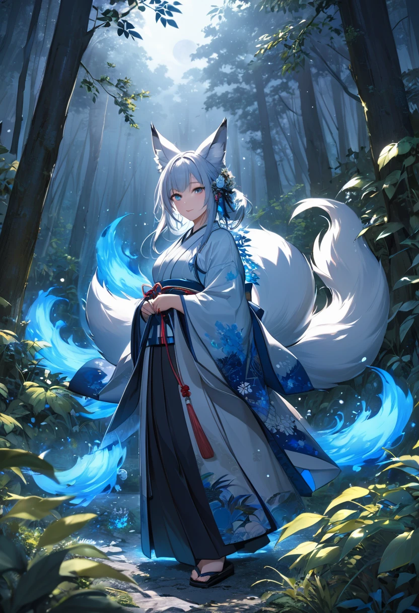 Masterpiece, Extremely detailed, beautiful, perfect face e, close distance shot, (A beautiful kitsune woman peering through the leaves in a dense forest) , {she is surrounded by motes of blue fire}, facing viewer, (dynamic pose) , fox ears, nine fox tails, traditional Japanese clothing. Japanese sandels, ((vegetation in the forground, dew, subject partially obscured by vegetation)) , ((moonlit night))