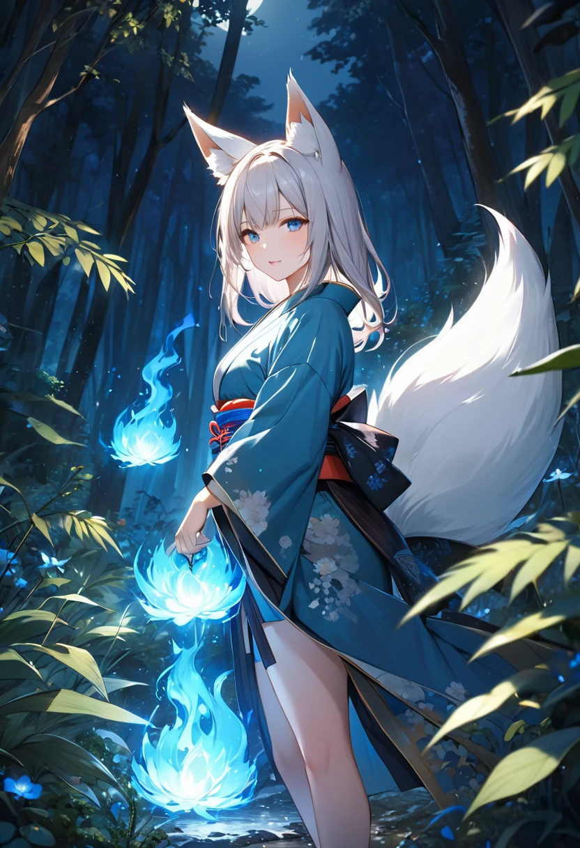 Masterpiece, Extremely detailed, beautiful, perfect face e, close distance shot, (A beautiful kitsune woman peering through the leaves in a dense forest) , {she is surrounded by motes of blue fire}, facing viewer, (dynamic pose) , fox ears, nine fox tails, traditional Japanese clothing. Japanese sandels, ((vegetation in the forground, dew, subject partially obscured by vegetation)) , ((moonlit night)) 
