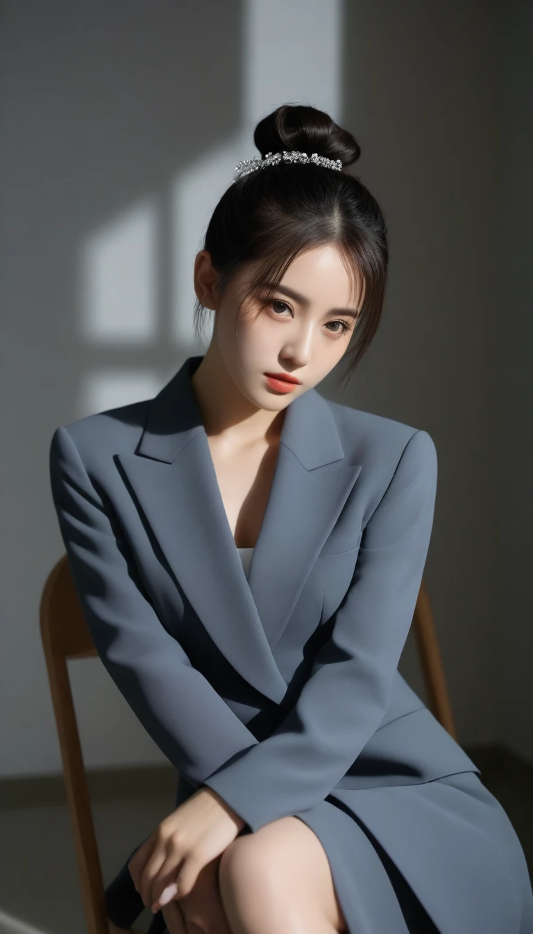 8k, Ultra-high resolution, Highest quality, masterpiece, 三分割法によるphotograph,Surreal, photograph, 1 Girl, (16 years old:1.3), pretty girl, Cute Face, Beautiful eyes in every detail, 細かくdetailedに,masterpiece,One Girl:1.2, Japan Female Announcer,full body,sad,streaming tears,Black short hair,Messy bun hair,(black suit:1.3),Nun's clothing,Black Pencil Skirt,(印象派の美しい少女のPortraiture), (Gray background:1.3),(Impressionist light and colour),Dedication to God,Sitting on a chair,Beautiful leg line beauty,Stiletto pumps,Realistic Skin, Perfect and beautiful face ,完璧でCute Face, Skin with attention to detail, Perfect limbs、Narrow waist,Looking at the audience、beauty,Long neck,clavicle,(((Ideal body type))),A cup small breasts :2,Portraiture:2,Perfect Anatomy,鮮明なdetailed,detailed,Surreal,Light and shadow,spotlight
