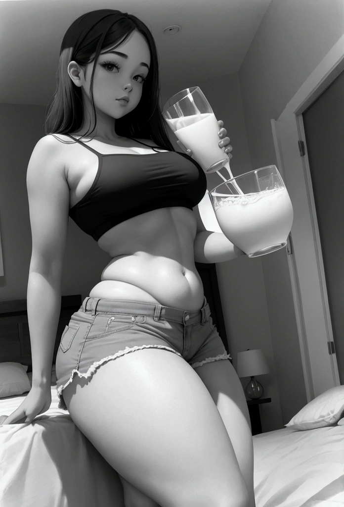 thick thighs, tight short shorts, drinking a glass of milk, standing on the bed