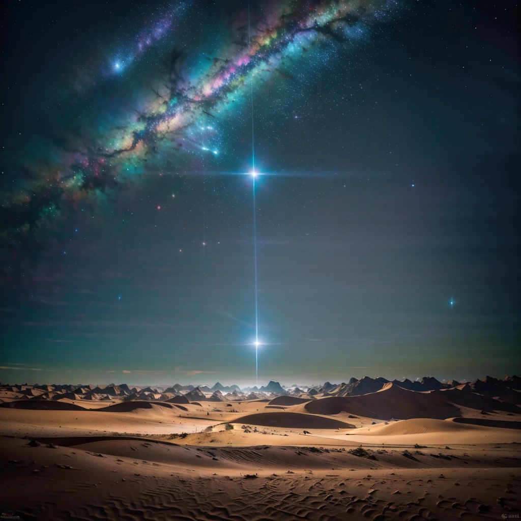 ((Best Quality)), ((masterpiece)), (detailed),  desierto de evening ((incredible dunes)) (( sky stars)) ((evening)) ((galaxies sky)) (( nebulae)) Foreground a vast desert with beautiful dunes which have different sizes, some larger than others, These look like fine, soft sand., It seems that they are moved by a delicate wind, plays with the shadows that they cast.  The image details are impressive, 
The dunes are high and undulating, with sharp ridges and smooth sides. The sand is a warm tone, The Night Sky:
El cielo está salpicado de estrellas brillantes y nebulae. Las nebulae forman remolinos de colores suaves, like cosmic brushstrokes.
Distant galaxies spread in the background, creating a feeling of vastness and mystery.
