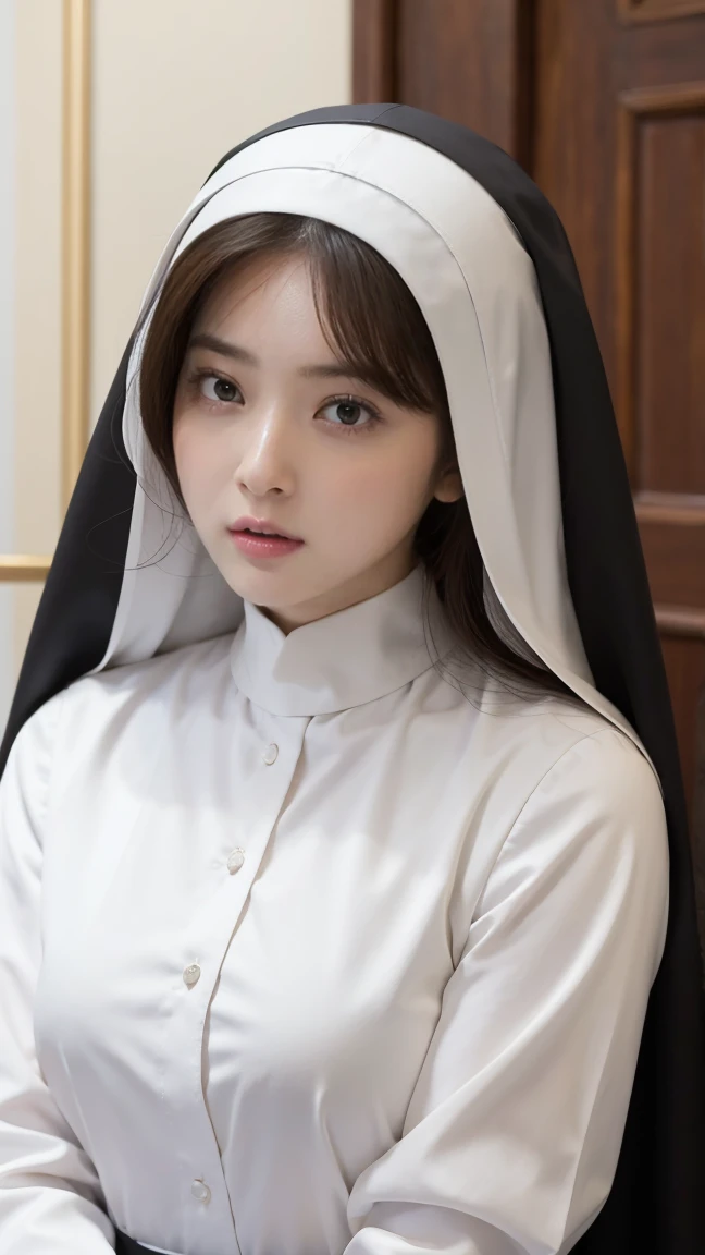 Nun Girl, Perfect face, perfect body, body shot: 1.3, Ultra details on beautiful face, Hair to the wind, ultra details, 8k, closeup on her big round breasts, background inside a church