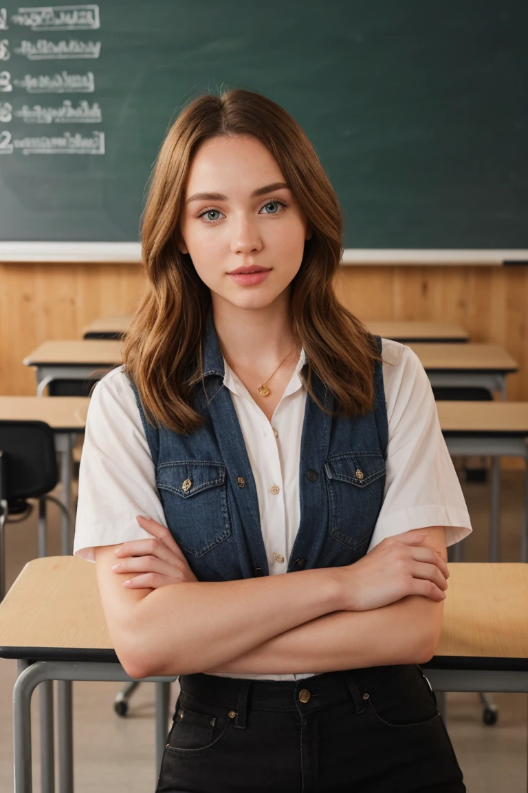 Photography, raw photo, TELEVISION_natalie_alyn_Lind_v1, 25 years old, ,wearing a , in front of a blackboard, classroom, epicRealism, epiCFoto,, golden hour,  epicRealism epiCFoto 