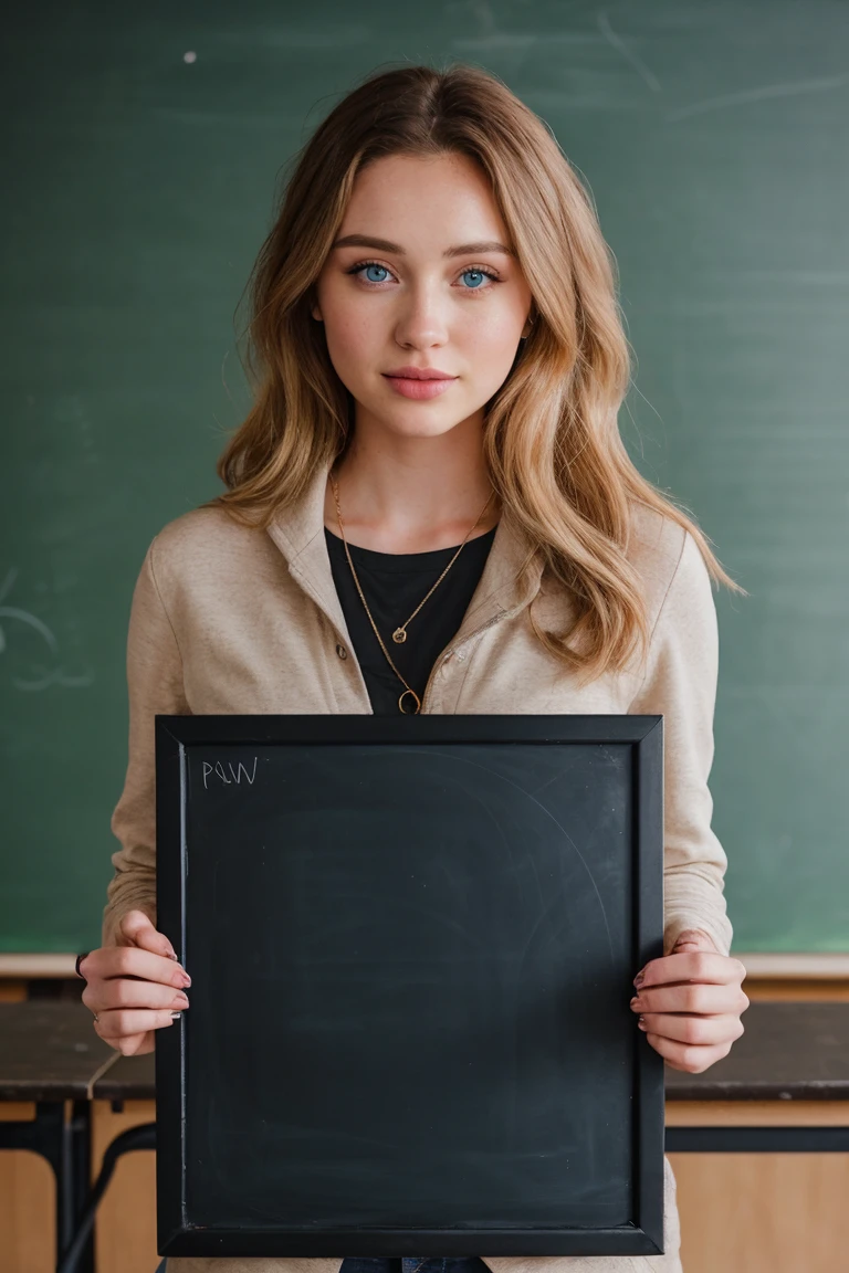 Photography, raw photo, TELEVISION_natalie_alyn_Lind_v1, 25 years old, ,wearing a , in front of a blackboard, classroom, epicRealism, epiCFoto,, golden hour, epicRealism epiCFoto