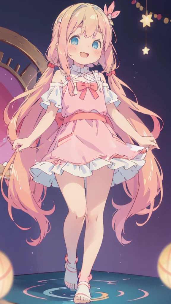 ((masterpiece))((Highest quality))girl、A big smile、blush、Flat Chest、Are thin、Blonde Hair、blush、Are standing、Whole body image、Eye level to the feet、front、No background、真frontのアングル、Pink clothes、Two-tone red and blue hair、Twin tails、Red Alice outfit、Reflected up to your feet