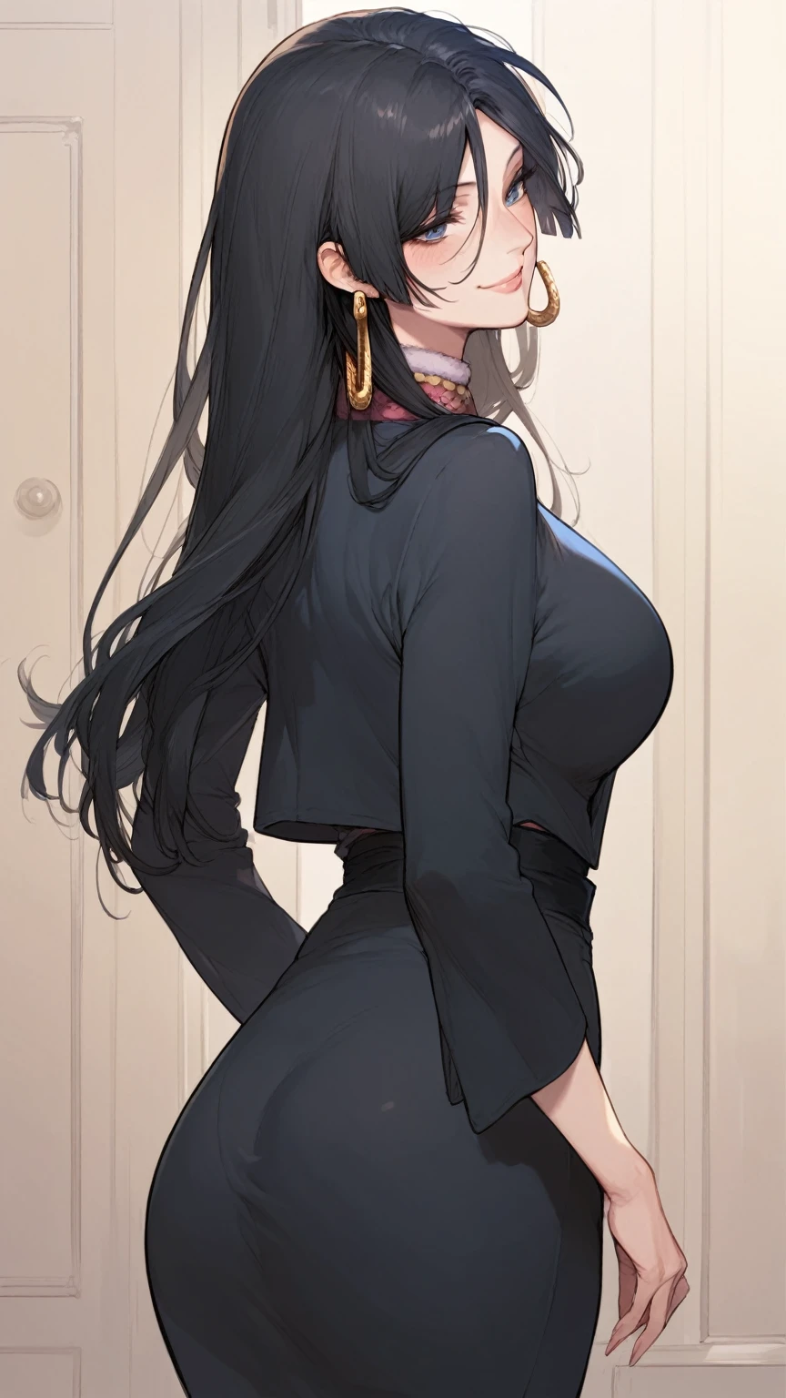 masterpiece,best quality,boa_hancock,long hair, black hair, earrings, large breasts, smile, blush