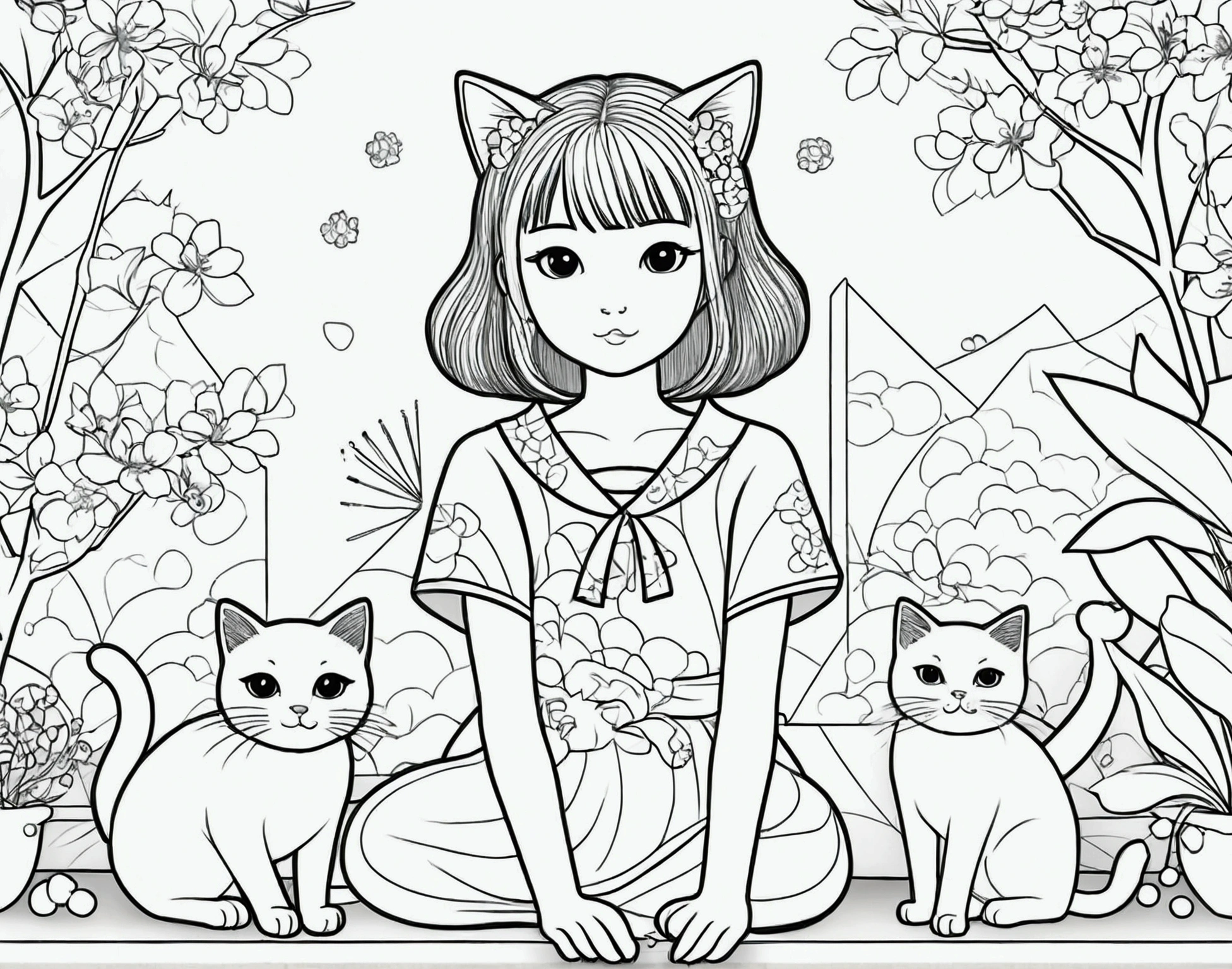 ,simple background, Japanese girl , kawaii, vibrant colors, A printable black and white coloring page featuring cats, clean line art, The line is quite simplified.