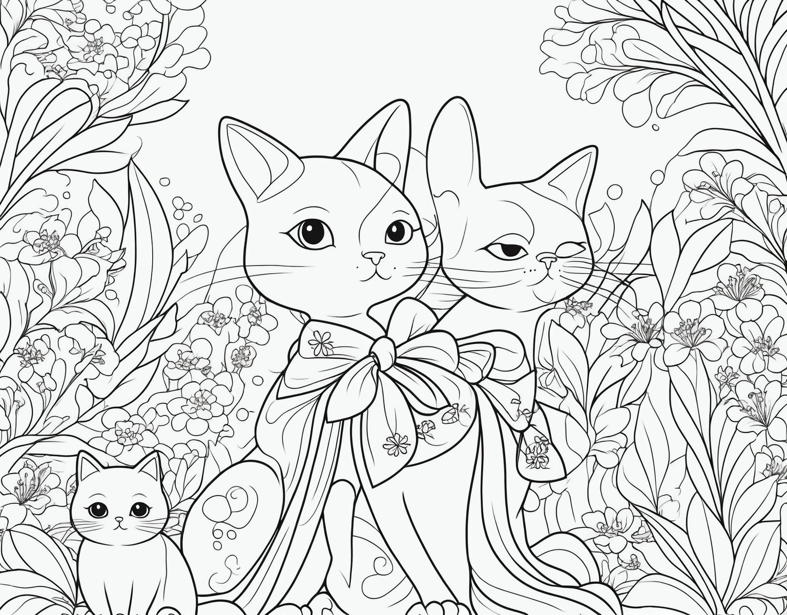 ,simple background, Japanese girl , kawaii, vibrant colors, A printable black and white coloring page featuring cats, clean line art, The line is quite simplified.