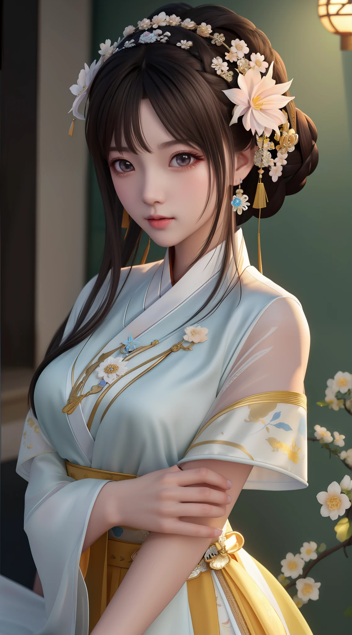 Alabi Asian woman wearing white dress,There is a flower in the hair, Palace , A girl in Hanfu, 8K high quality detailed art, Beautiful rendering of the Tang Dynasty, Guvitz风格的艺术品, trending on cgstation, Smooth anime CG art, White Hanfu, Realistic anime girl rendering, Guvitz, Inspired by Lan Ying