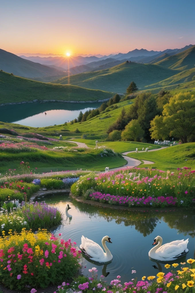 Beautiful landscape at the top of the mountain, flower gardens, sunset, pond with swans