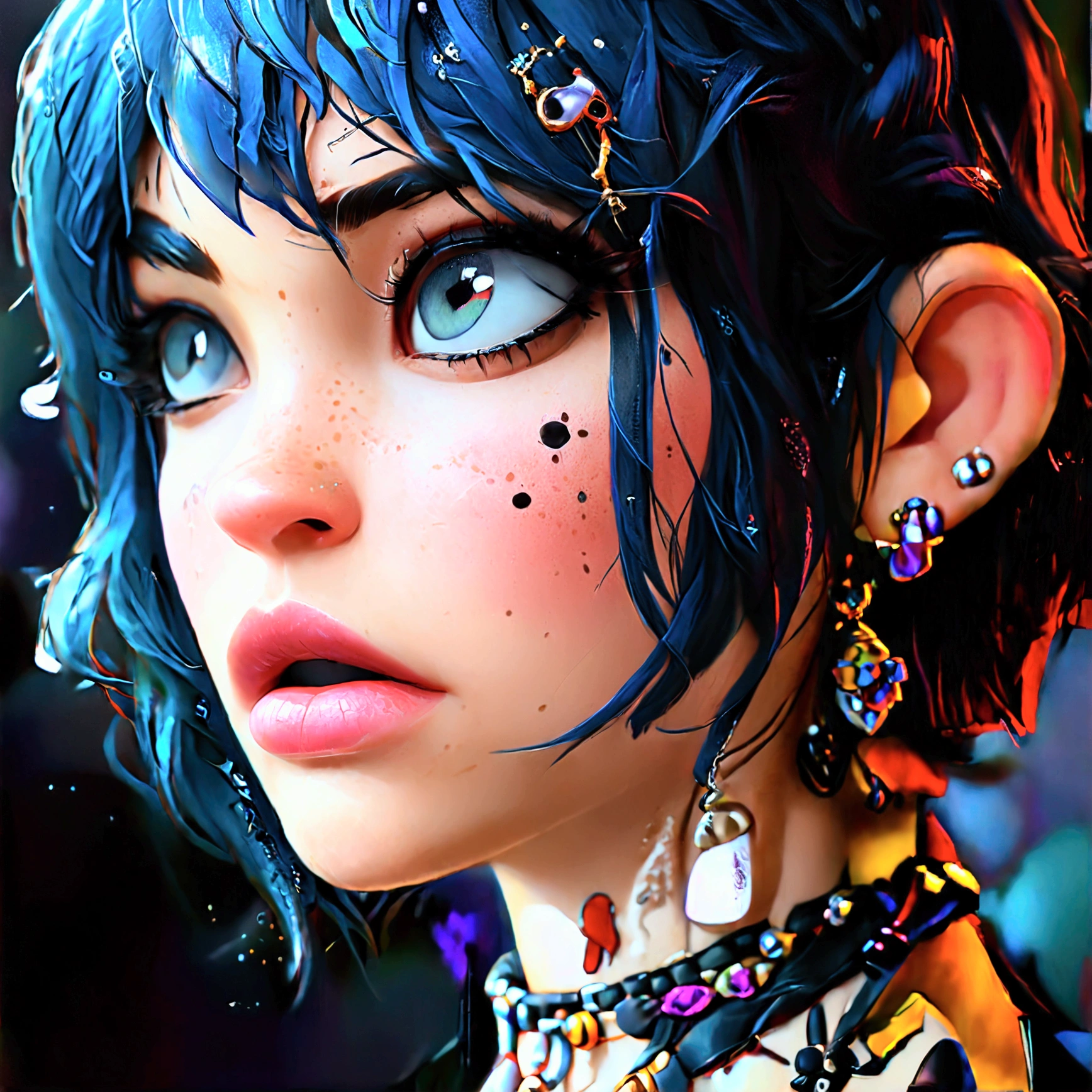 masterpiece, best quality,3d rending work ,3DMM style,close-up,portrait, 3D,1girl, solo, multicolored hair, blue hair, black hair, necklace, freckles, jewelry, two-tone hair, looking to the side, realistic, upper body, simple background, bangs, looking away, short hair, parted lips, black eyes, lips, gothic, choker, makeup, mole, black shirt, shirt, watermark