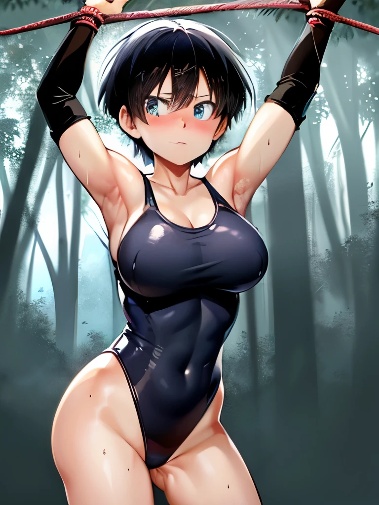 masterpiece, Highest quality, High resolution, girl, blue eyes, Black Hair,short hair,Large Breasts,Serious face,blush, Sweat,girl1名,Black leotard,Super High Leg Cut,Streak,Raise your arms high、Tie with rope,Suspended in the air,Looking at the audience,forest,Bottomless swamp,The water surface is black and murky,Wet,