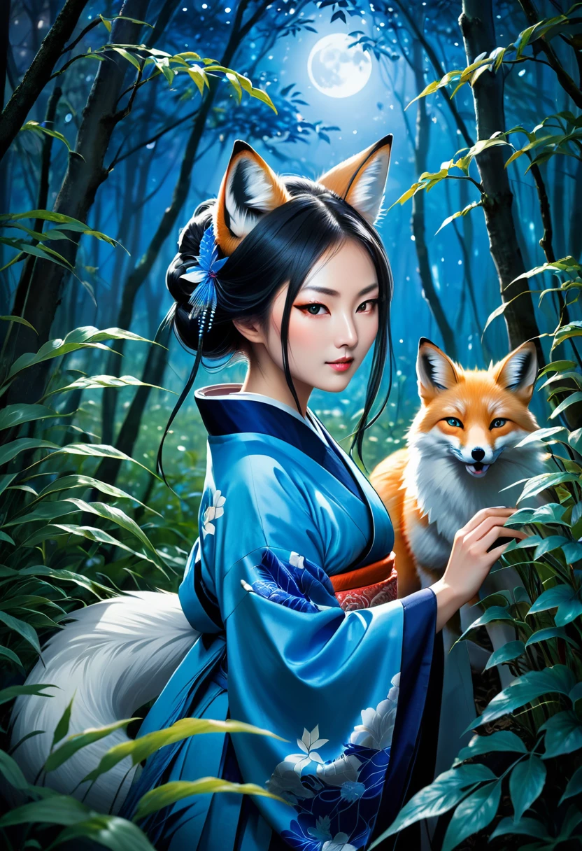 Masterpiece, Extremely detailed, beautiful, perfect face e, close distance shot, (A beautiful kitsune woman peering through the leaves in a dense forest) , {she is surrounded by motes of blue fire}, facing viewer, (dynamic pose) , fox ears, nine fox tails, traditional Japanese clothing. Japanese sandels, ((vegetation in the forground, dew, subject partially obscured by vegetation)) , ((moonlit night)) 