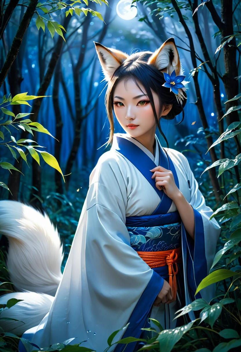 Masterpiece, Extremely detailed, beautiful, perfect face e, close distance shot, (A beautiful kitsune woman peering through the leaves in a dense forest) , {she is surrounded by motes of blue fire}, facing viewer, (dynamic pose) , fox ears, nine fox tails, traditional Japanese clothing. Japanese sandels, ((vegetation in the forground, dew, subject partially obscured by vegetation)) , ((moonlit night))