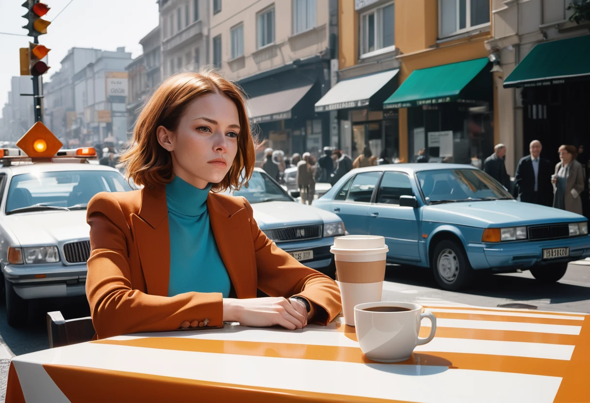 Noon, low angle view shot, A woman sitting at a table with coffee cup on the middle of a zebra crossing near a traffic light causing a traffic jam, cars stopping and waiting for her, angry drivers, confused bypassers, Dullcore, Warm Colors, Libertywave, Copper, Colorless, Happy, street, Low shutter, intricate, (Hideous Rilometo :1.3) , art by John Blanche, Cosy, complementary colors, studio lighting, Kodak portra 400, art by Edward Weston, crowds and traffics, Polaroid, Fujifilm Superia, Rule of Thirds, a look of severe determination,