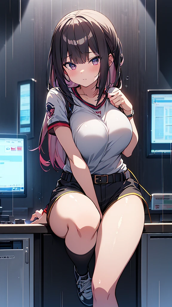 (masterpiece), (1 serious public discipline chairman: 1.3), (super thick and plump body: 1.3), (huge breasts and butt)), (small head: 1.2), (extremely small uniform)), (shiny skin: 1.2), (speech while crouching on the schoolyard morning stand))