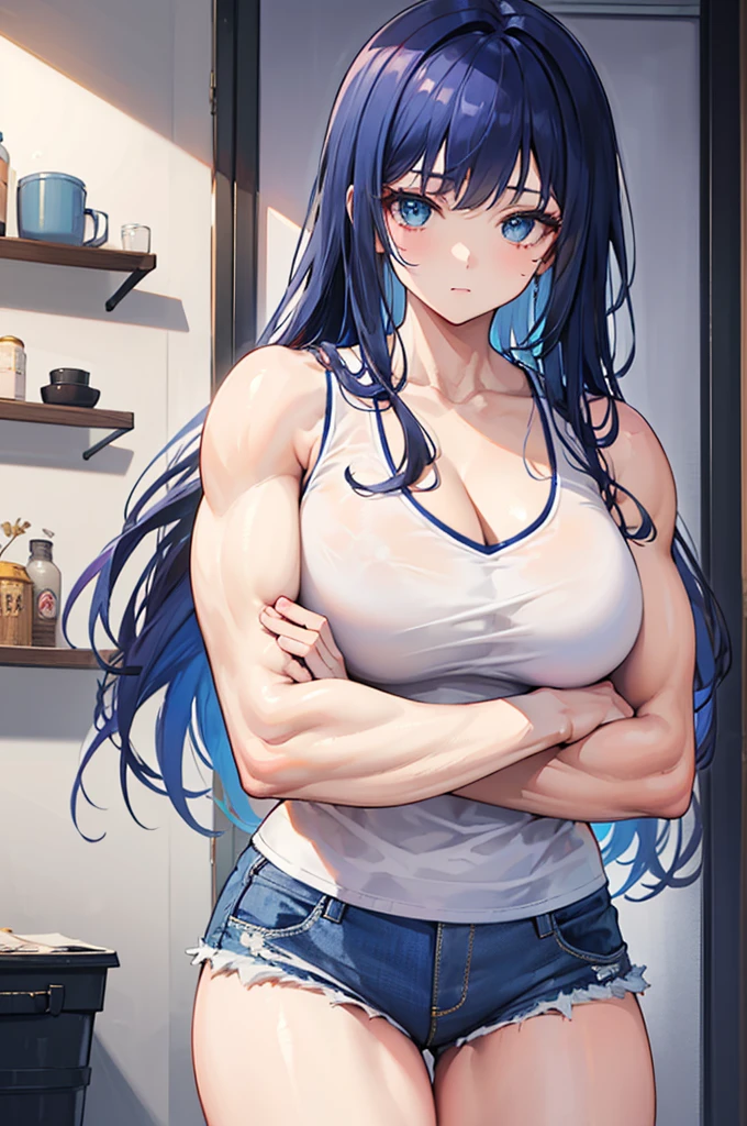 1girl, solo, (blue hair, long hair, bangs, blue eyes, cute face:1.0), (large breasts, muscular arms, muscular shoulders:1.2), (white shirt, cleavage, sleeveless, bare shoulders, bare arms, denim shorts), indoors