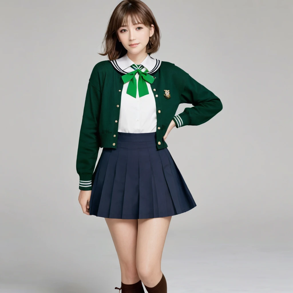 - **Hair**: Short, brown hair with a simple, straight style, reaching just below the ears.
- **Face**: Fair complexion with a gentle and friendly expression. She has brown eyes and a small smile.
- **Clothing**:
  - **Top**: Navy blue cardigan worn over a white sailor-style  with green accents on the collar and a green ribbon tied in front.
  - **Bottom**: Short pleated skirt with white and green stripes.
- **Accessories**: Green ribbon tied around the collar with a small pendant.
- **Footwear**: Brown loafers with black knee-high socks.
- **Pose**: Standing with her left hand on her hip and her right arm extended outward.
- **Build**: Slim and of average height, indicating a typical .solo, No background
