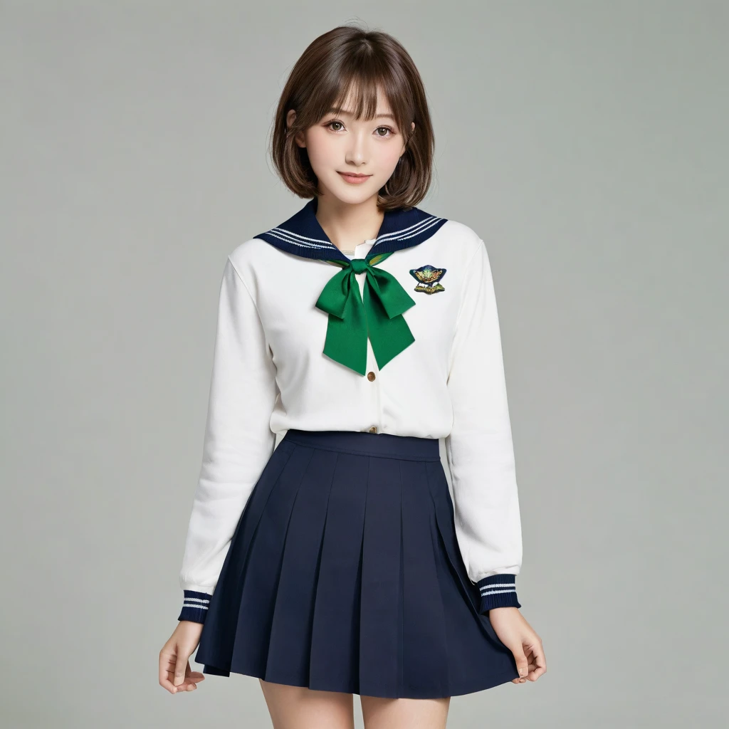 - **Hair**: Short, brown hair with a simple, straight style, reaching just below the ears.
- **Face**: Fair complexion with a gentle and friendly expression. She has brown eyes and a small smile.
- **Clothing**:
- **Top**: Navy blue cardigan worn over a white sailor-style with green accents on the collar and a green ribbon tied in front.
- **Bottom**: Short pleated skirt with white and green stripes.
- **Accessories**: Green ribbon tied around the collar with a small pendant.
- **Footwear**: Brown loafers with black knee-high socks.
- **Pose**: Standing with her left hand on her hip and her right arm extended outward.
- **Build**: Slim and of average height, indicating a typical .solo, No background