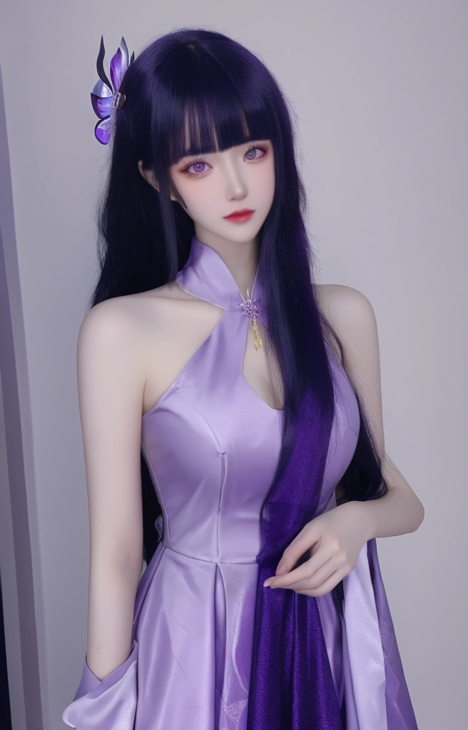 ulzzang-6500-v1.1,(raw photo:1.2),((photorealistic:1.30)), ((best quality)) ,((masterpiece)),((Ultra High Resolution)), ((Clear View)),,Ultra-high resolution,Clear face,（Reality：1.4) ,  illustration, an extremely delicate and beautiful, extremely detailed ,CG ,unity ,8k wallpaper, Amazing, finely detail, masterpiece,best quality,official art,extremely detailed CG unity 8k wallpaper,absurdres, incredibly absurdres, huge filesize, ultra-detailed, highres, extremely detailed,beautiful detailed girl, extremely detailed eyes and face, beautiful detailed eyes,light on face,cinematic lighting, 1girl, 独奏, long hair, purple hair, bangs, hair ornament, purple eyes, dress,