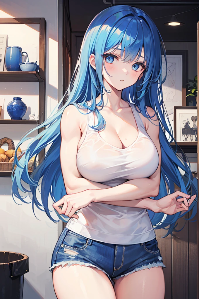 1girl, solo, (blue hair, long hair, bangs, blue eyes, cute face:1.0), (large breasts, muscular arms, muscular shoulders:1.2), (white shirt, cleavage, sleeveless, bare shoulders, bare arms, denim shorts), indoors