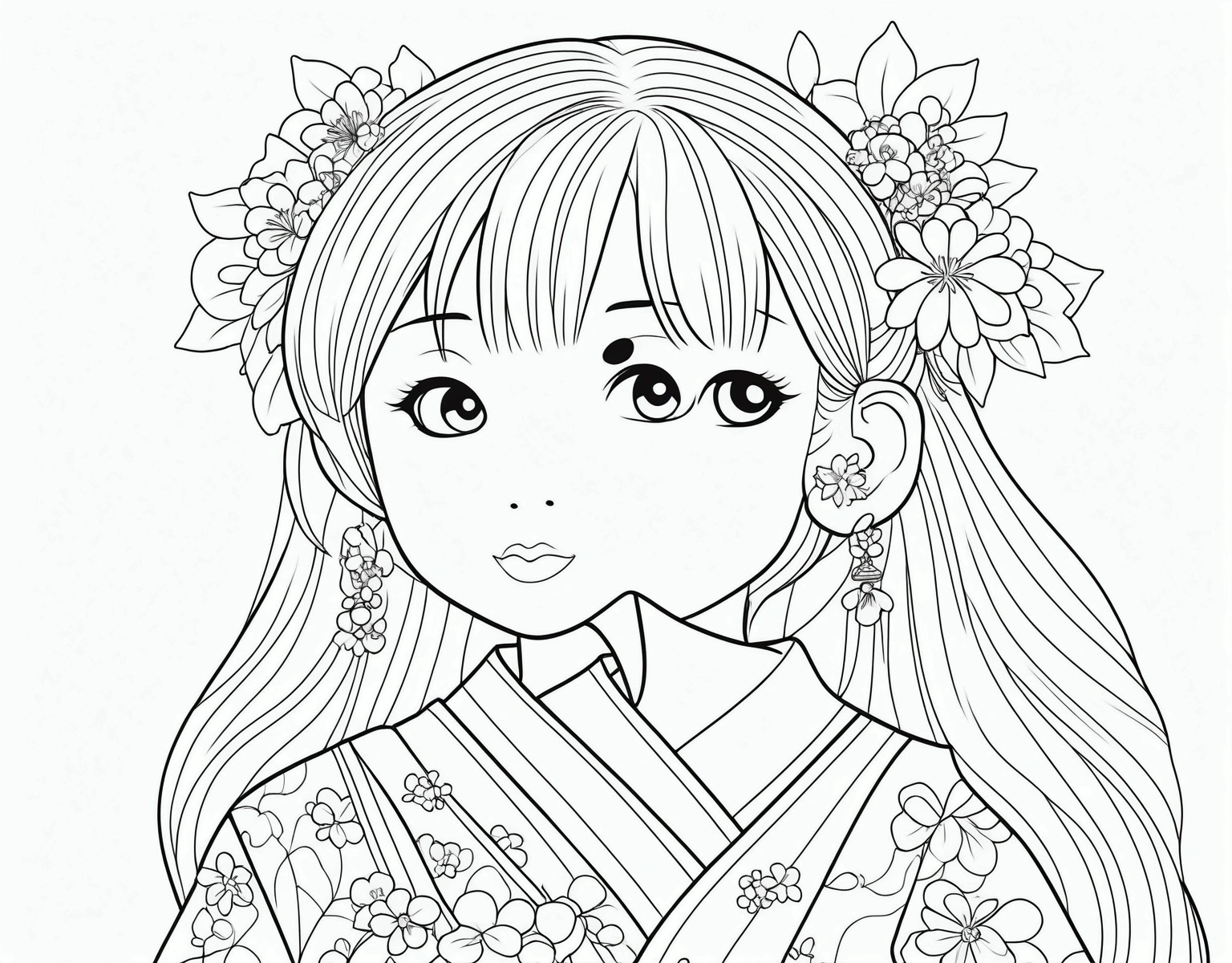 ,simple background, Japanese girl , kawaii, vibrant colors, A printable black and white coloring page featuring girl, clean line art, The line is quite simplified.