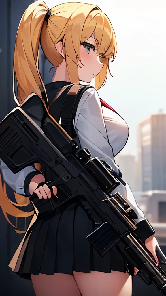 1girl, blonde two ponytails, big gun, skirt, plasma gun