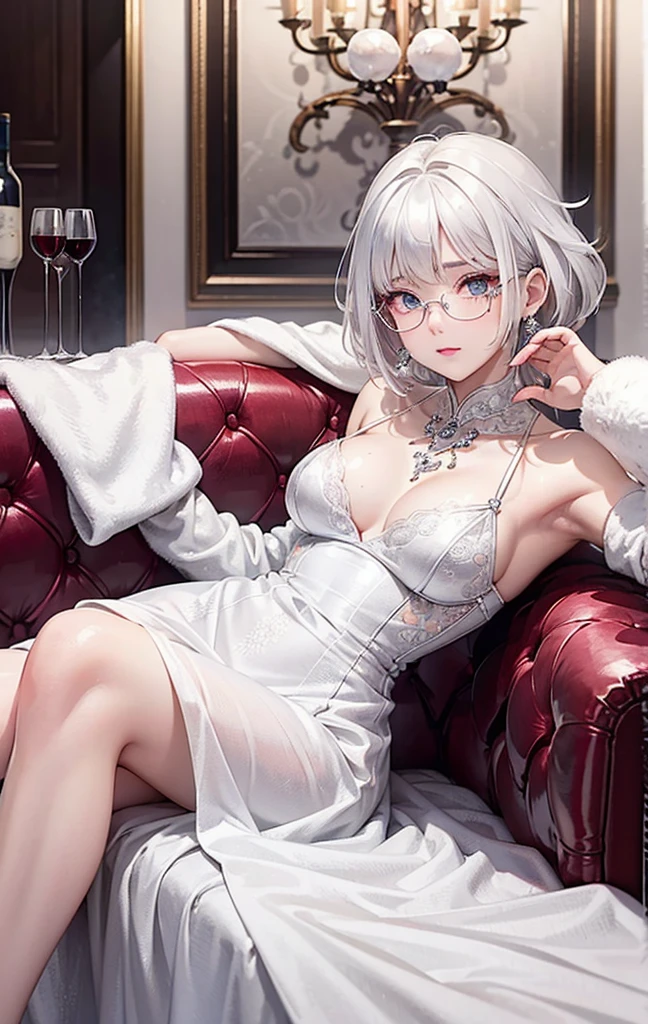 Silver-white hair, wolf cut hair, under-frame glasses, ice-coloured eyes, narrow eyes, teardrop mole, ball gown, male, 27 years old, luxury sofa, wine glasses, red wine bottle 