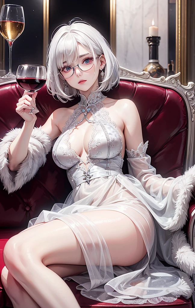 Silver-white hair, wolf cut hair, under-frame glasses, ice-coloured eyes, narrow eyes, teardrop mole, ball gown, male, 27 years old, luxury sofa, wine glasses, red wine bottle