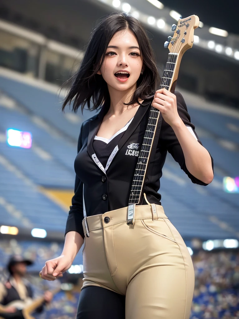 (Highest quality、8k、32K、masterpiece)、(Realistic)、(Realistic:1.2)、(High resolution)、Very detailed、Very beautiful face and eyes、(((Women's solo shots)))、Frame In、Tight waist、(Highest quality、Attention to detail、Rich skin detail)、(Highest quality、8k、Oil paints:1.2)、(Realistic、Realistic:1.37)、Bright colors、(((Cowboy Shot)))、(((Bob Hair)))、(((A happy look)))、(((Black Hair)))、(((Wearing a suit)))、(((Guitarist and vocalist)))、(((Football Stadium)))、(((Enthusiastic audience)))、(((Singing)))、(((I'm singing and playing the guitar.)))、