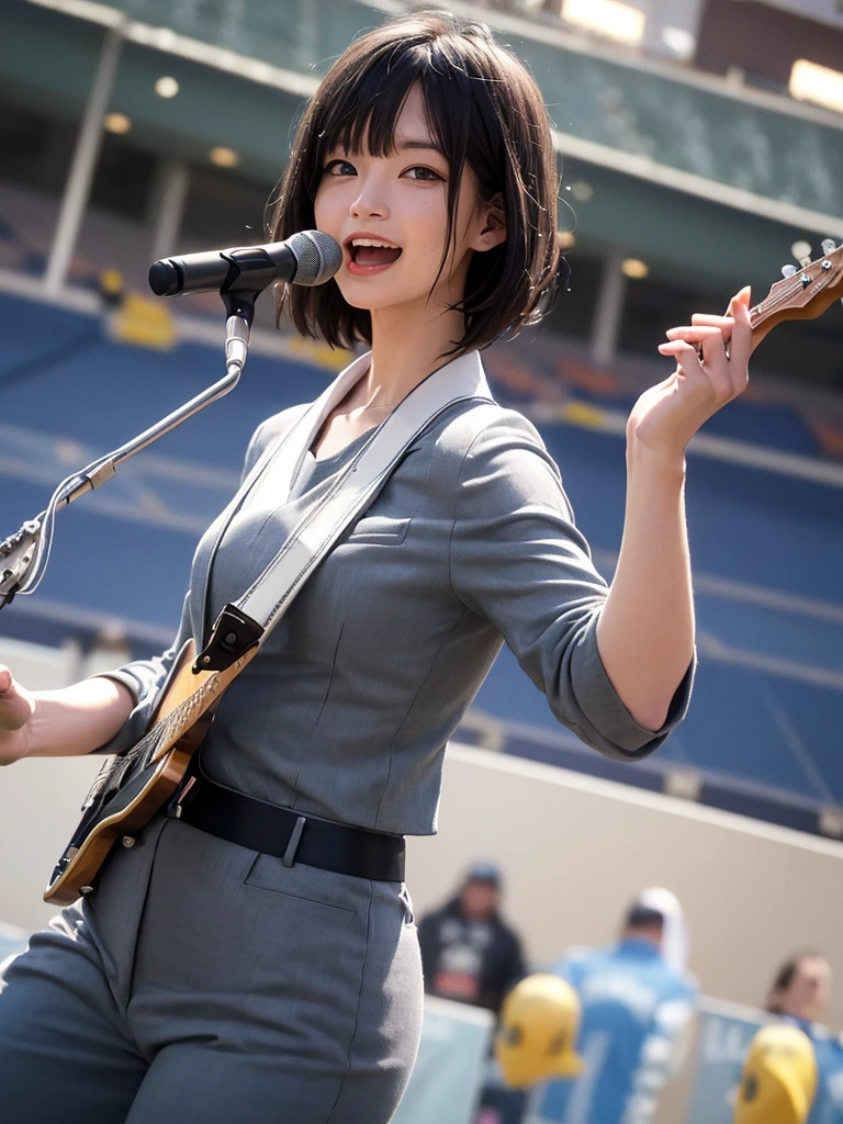 (Highest quality、8k、32K、masterpiece)、(Realistic)、(Realistic:1.2)、(High resolution)、Very detailed、Very beautiful face and eyes、(((Women's solo shots)))、Frame In、Tight waist、(Highest quality、Attention to detail、Rich skin detail)、(Highest quality、8k、Oil paints:1.2)、(Realistic、Realistic:1.37)、Bright colors、(((Cowboy Shot)))、(((Bob Hair)))、(((A happy look)))、(((Black Hair)))、(((Wearing a suit)))、(((Guitarist and vocalist)))、(((Football Stadium)))、(((Enthusiastic audience)))、(((Singing)))、(((I&#39;m singing and playing the guitar.)))、