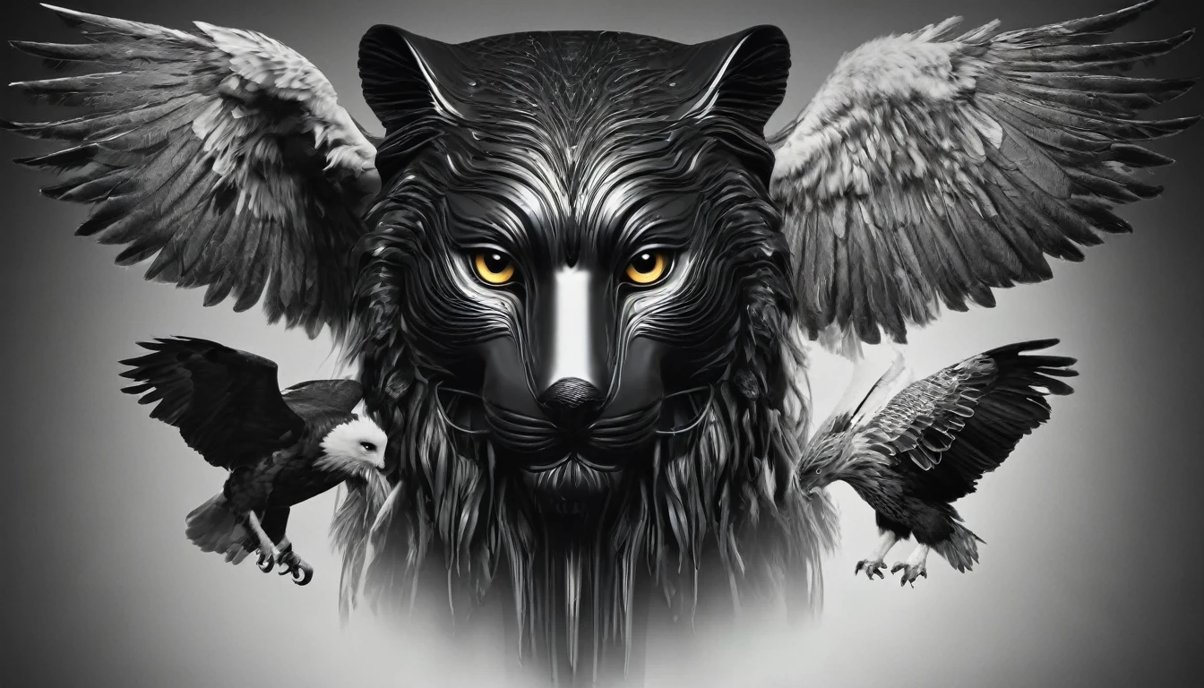create an image divided into 3 parts, these images must be a close-up of the face of 3 animals, each is the representation of an archetype, first animal and an owl (located in the left corner in the first part of the image), second the lion (located in the center of the image), third animal is eagle (located in the third part of the image in the right corner of the image), the image must be divided equally vertically and no part must invade or overlap the other, the image must be made in black and white, ultra-realistic, 8k, extreme sharpness and details, black background, (Owl, Lion, Eagle), ( An image with 2 divisions and three parts), all facing the camera, division in black