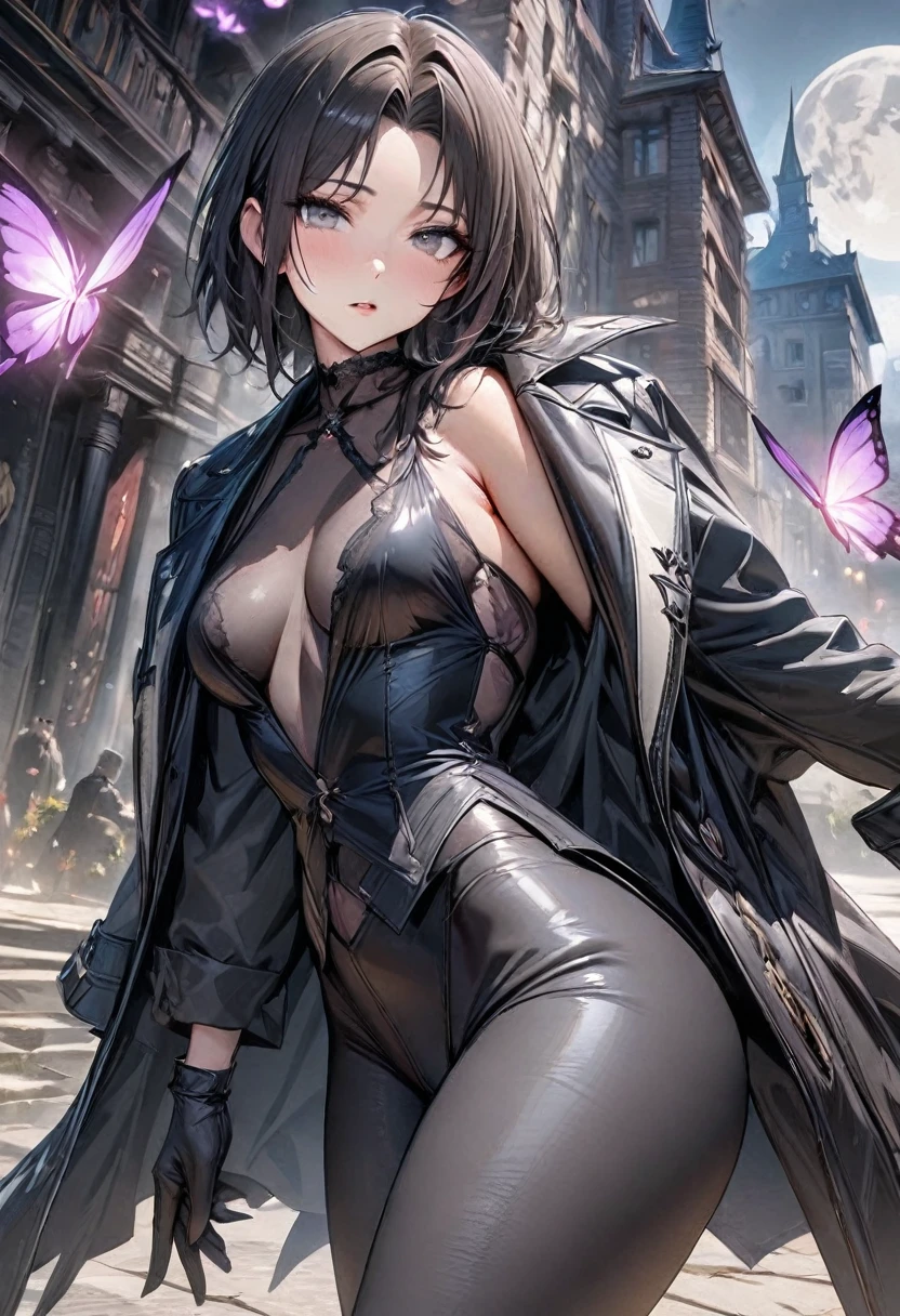 (absurdity, a high resolution, Ultra detailed, HDR), masterpiece, Best quality, bright small gray eyes, 1 person, Beautiful, Hugo Pennyworth, God Eater 3, black hair with gray highlights, without bangs, Black leather coat, Thick black T-shirt, black tight-fitting pants, black gloves, Purple Butterflies, Violet Flame, moon