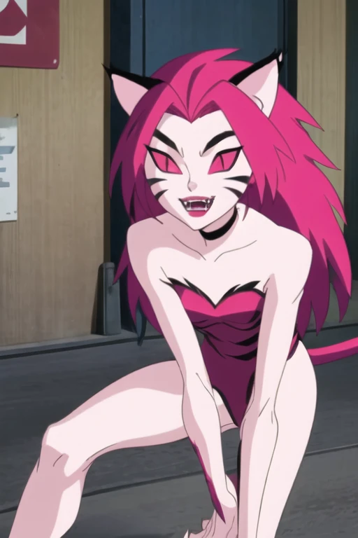 NyaNya,   1girl, solo, pink eyes, pink hair, pink skin, long hair, cat ears, pink sclera, cat tail, claws,  slit pupils, pink lips, whisker markings, pink leotard, fangs, bare shoulders, choker,