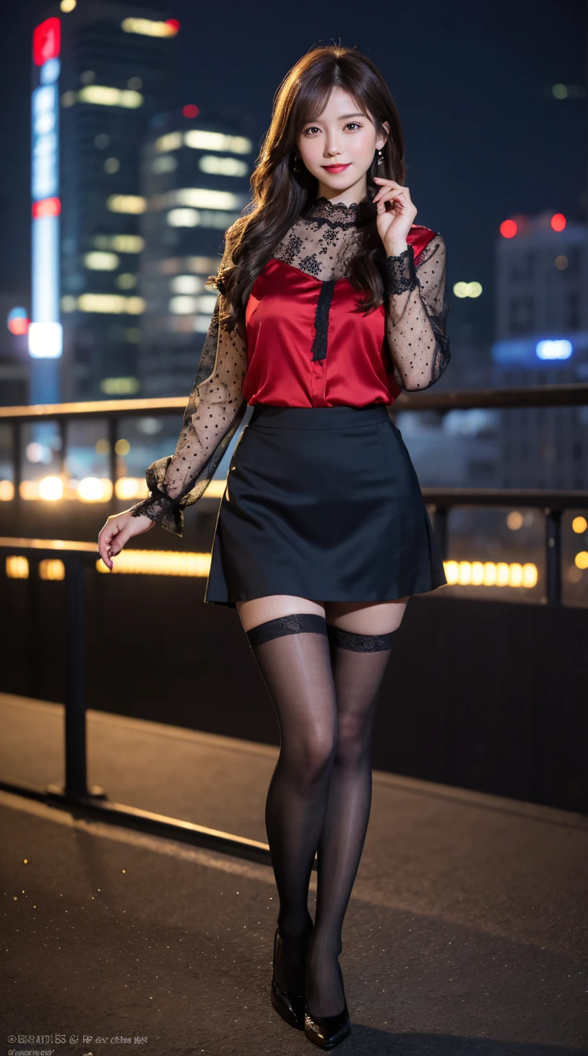 highest quality, masterpiece, 8K, ultra high resolution, (realistic: 1.4),  1 girl, beautiful face, symmetrical eyes, Japanese, smile, brown hair, perfect body proportions,  full body, smile , large breasts, high heels, wearing makeup , pantyhose,  ((red lace fabric blouse)), ((silk black color skirt)), ((tight fitting skirt )), (laced long sleeve) , (city night, dark night, (blurred background), dim lights, cityscape,  in the dark, deep shadow, model pose , (legs shown: 1.3)
