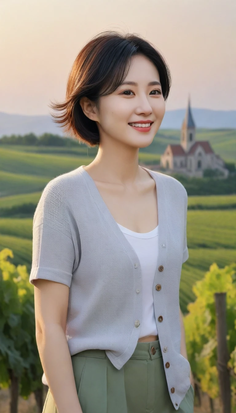 8k best picture quality, Beautiful 36-year-old Korean woman, Chest size 34 inches, Dawn in the French countryside, View of the cathedral next to the vineyards, The back background is realistic and vivid image quality, short medium hair, Wear a shirt and cardigan and casual pants, Smile slightly. the background is clear, looking up the side., View of the vineyards from the hill.