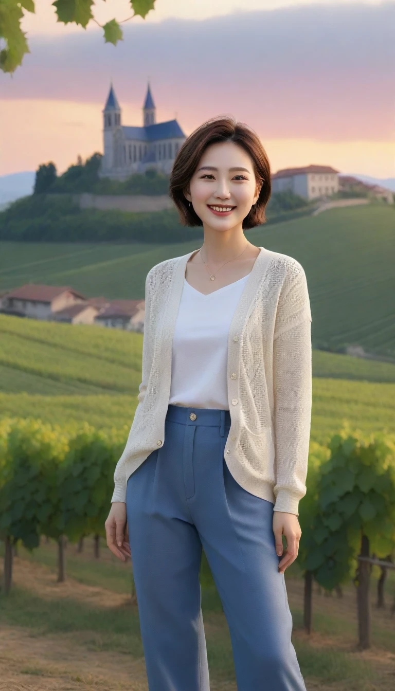 8k best picture quality, Beautiful 36-year-old Korean woman, Chest size 34 inches, Dawn in the French countryside, View of the cathedral next to the vineyards, The back background is realistic and vivid image quality, short medium hair, Wear a shirt and cardigan and casual pants, Smile slightly. the background is clear, looking up the side., View of the vineyards from the hill.