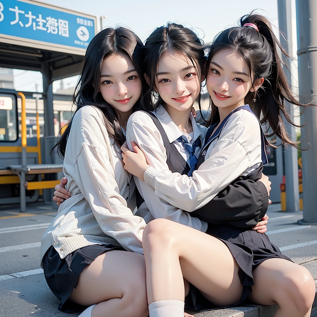 Highest quality、High resolution、Detailed Background、beautiful and elaborate face、beautiful, Smooth Skin、Skin Texture、Professional Lighting、beautiful teenage girl、(Three Women),Cute hairstyles such as ponytails、Cute color sailor suit、Cute school cardigan in pastel colors、Checkered pleated mini skirt、Knee-high socks、On the way to school、Wait for the train at the station platform、Laughter、smile、sexual expression、Please show me your whole body、Playfully hugging each other、Laughter