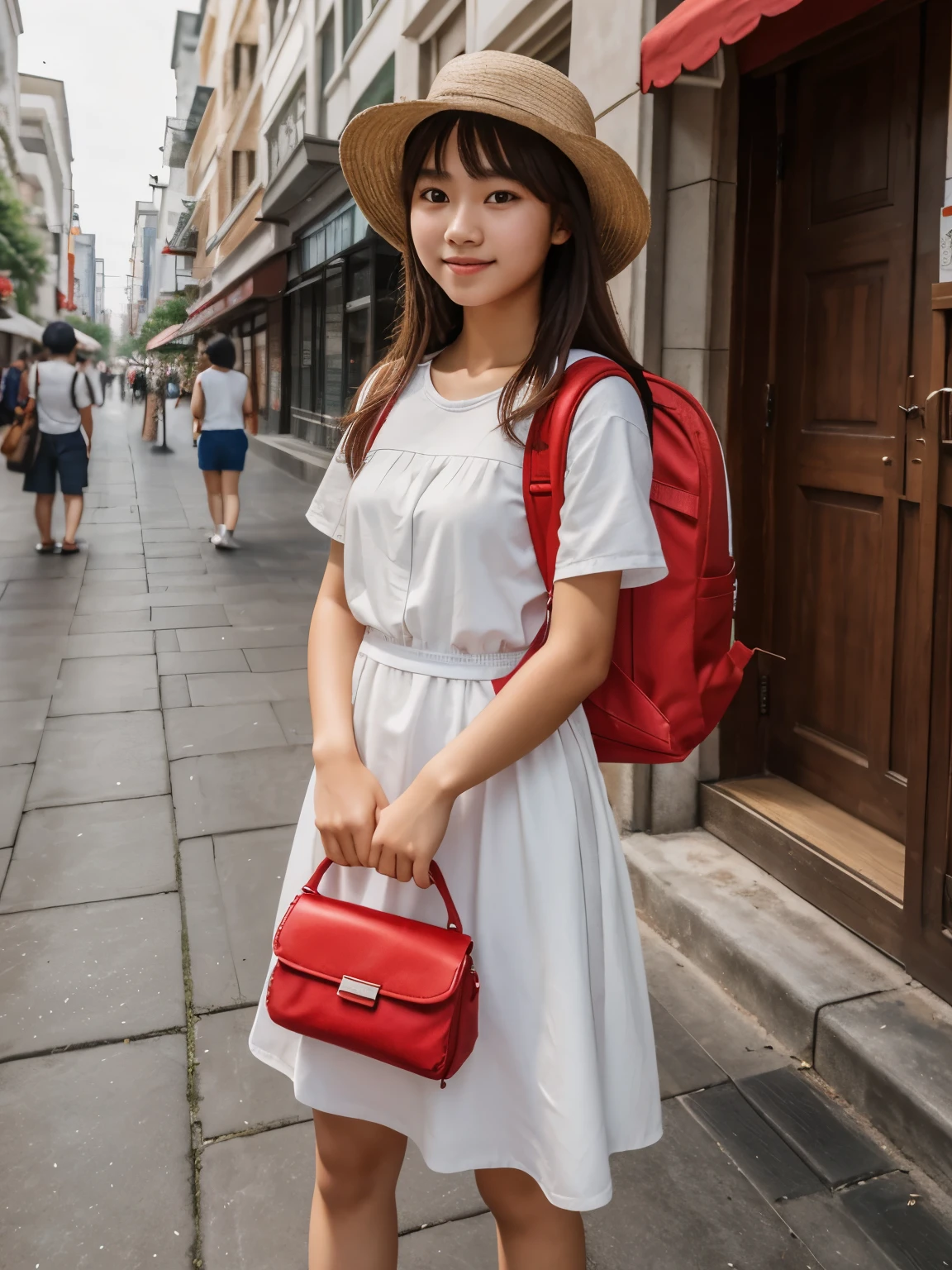 Masterpiece, hd, realistic, best quality, 18 y.o, teenager girl, 1girl, Asian girl, brown hair, medium hair, wear white dress, wearing summer hat, standing, outdoor, streets, holding red purses, wearing red backpack,rugsack, (backpack:1.2)