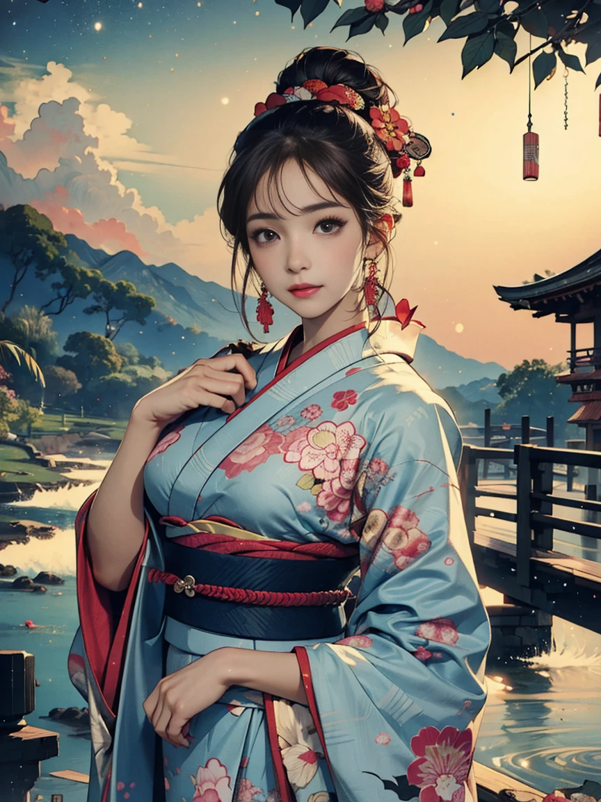 (Highest quality、 8k 、masterpiece、High resolution)、(whole body)、Vibrant colors、Brown-black bob、Traditional topknot、Ample breasts、(Highly detailed face and eyes,Beautiful Face,Beautiful Eyes,Beautiful nose,Pretty lips)、Official Art、Ukiyo-e style、 (Beautiful woman in kimono)、(Vivid floral patterned kimono)、background、river、bridge、Mountain、wood、Starry Sky、plum、Detailed CG、