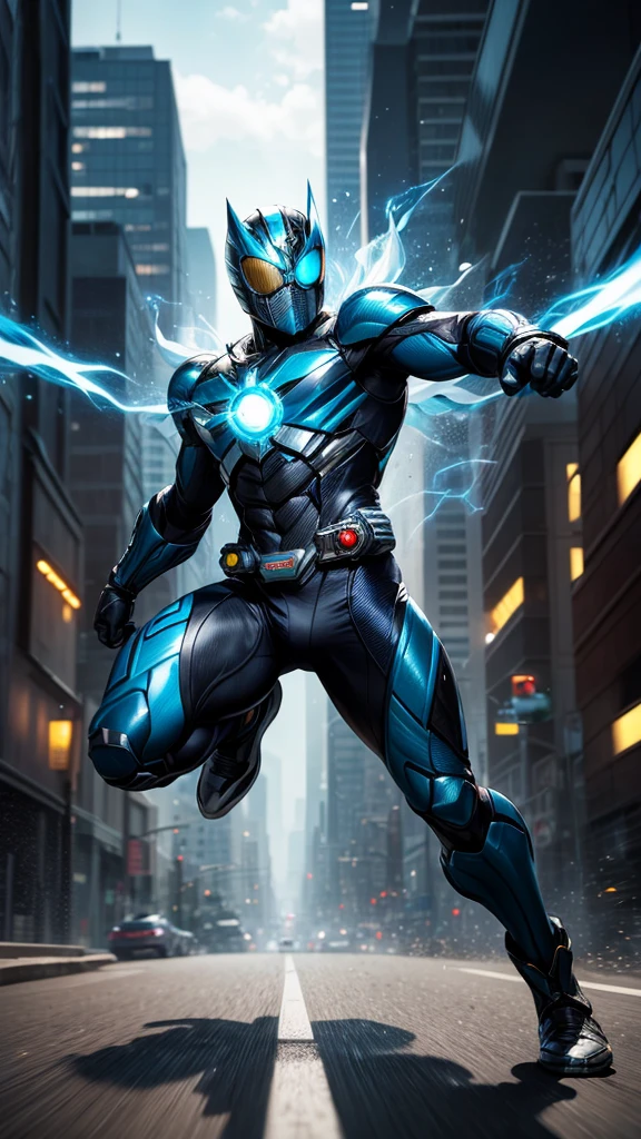 (masterpiece, Best image quality),One boy, Kamen Rider, A hero based on white and blue, (Dynamic pose | Element Surround:1.2), Low angle view, Super detailed, Big city background, intense, shock wave, Outdoor, Speedster, Running at high speed