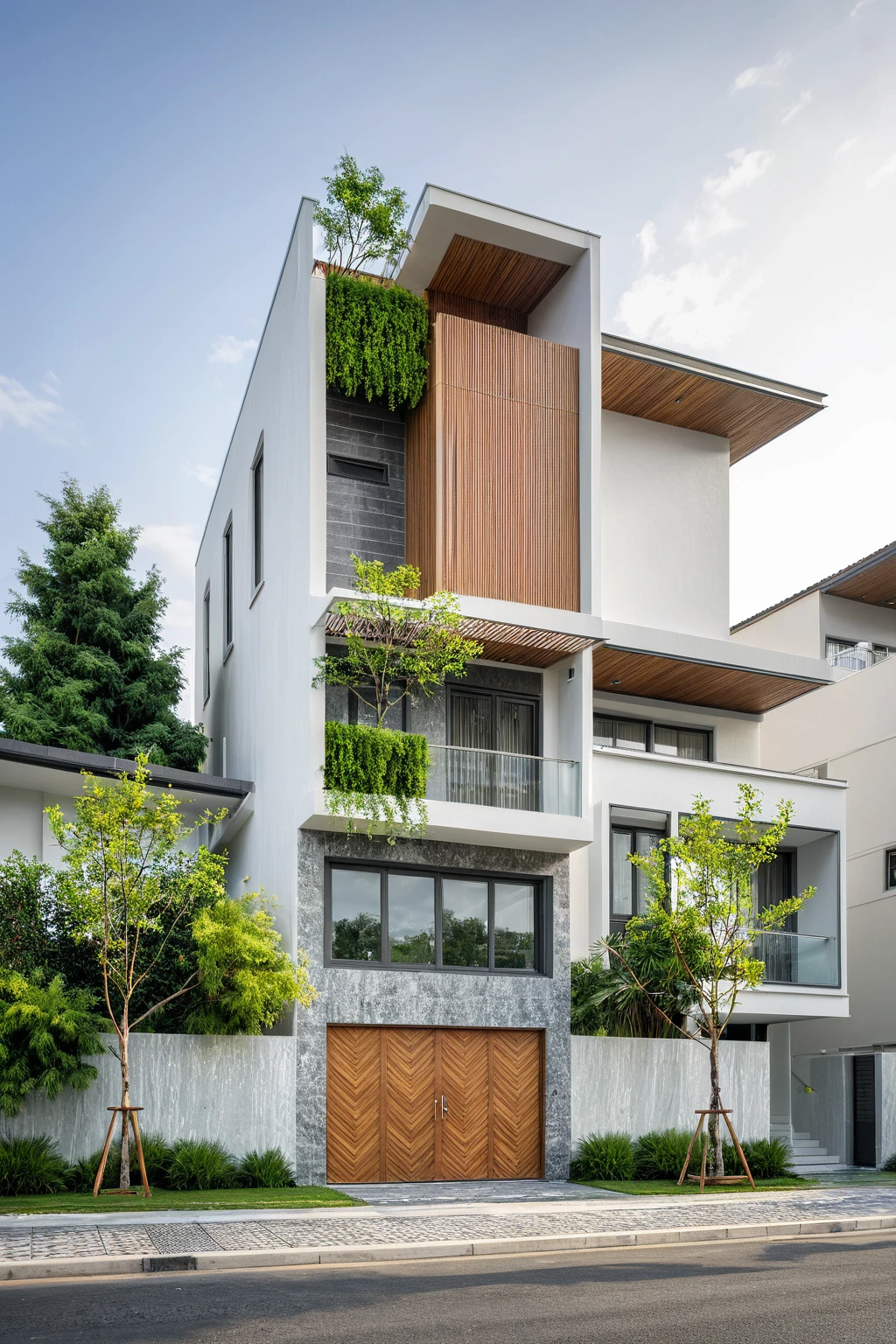 modern villa on street, (daylight), tropical tree, vivid colour, streetcapes, white tone, white wall, large glass door, warm interior lighting, wood and marble, best quality, 17ArchiAI_XL_VL-v1